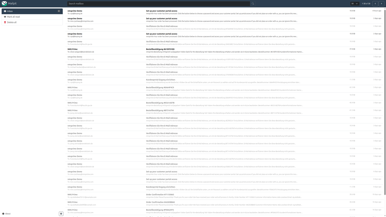 Demo-Mail-Postfach mit Bestell- und Portalnachrichten
