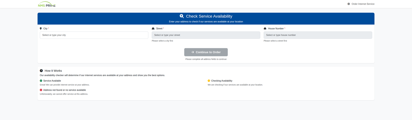Order Portal mit Adressprüfung für die Verfügbarkeit
