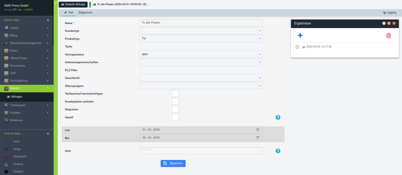 NMS Prime billing statistics query with product, tariff, and period filters