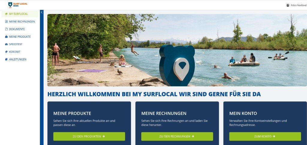 Kundenportal-Startseite mit Produkten, Rechnungen und Konto-Kacheln